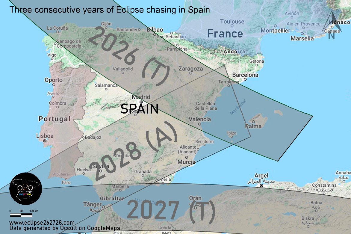 Spain is set to become ‘solar eclipse central’ in the coming years, with the next total solar eclipse crossing N. Spain on August 12, 2026, another total solar eclipse on August 2, 2027 crossing the Strait of Gibraltar, and a sunset annular solar eclipse on January 26, 2028.