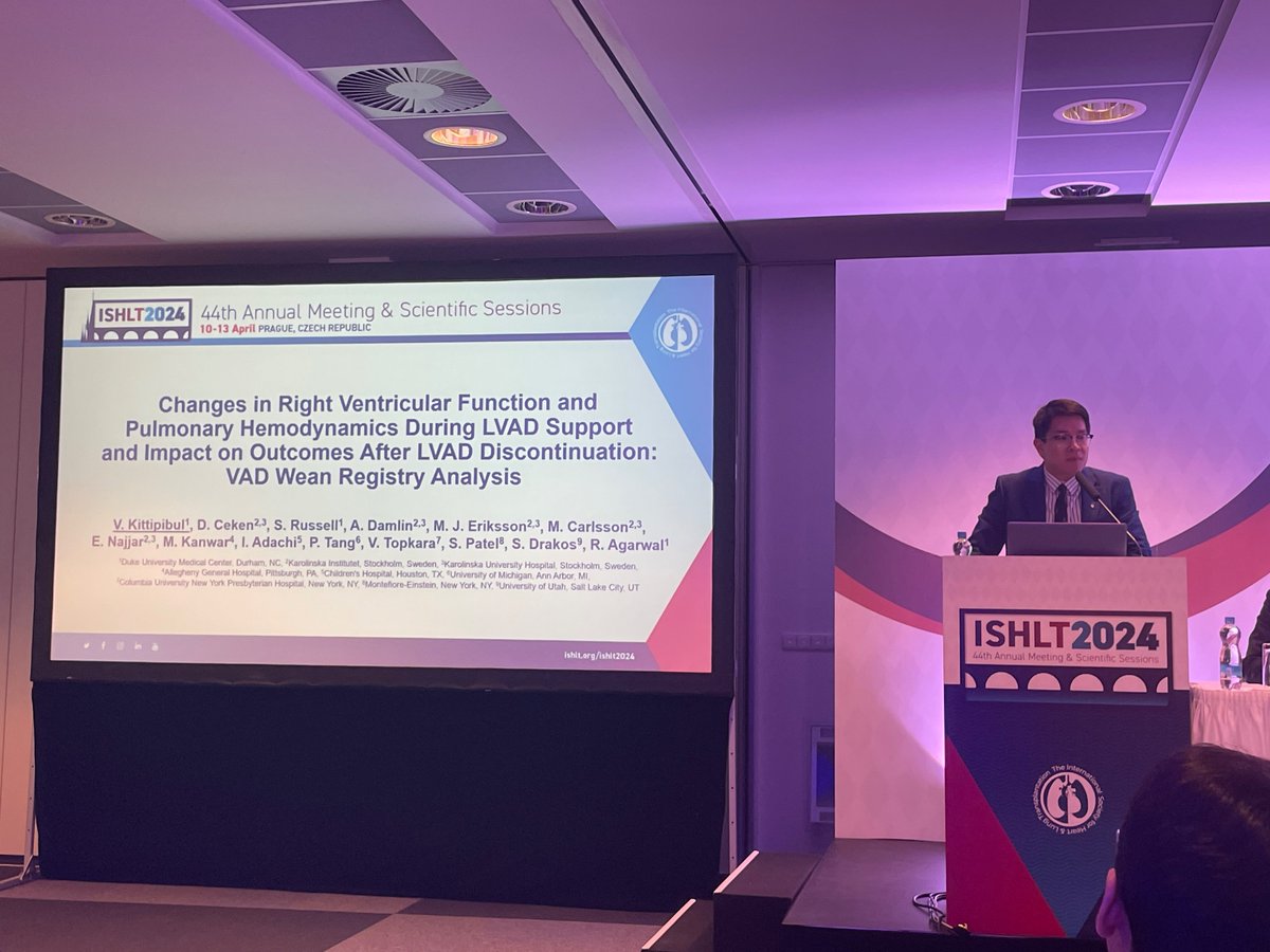 Star @DukeCardFellows @vkittipibul on the podium @ISHLT presenting work with @richa_agarwalMD and colleagues on Changes in RV Function and Impact on Outcomes after LVAD wean! Packed house! @DukeHeartCenter @DukeHrtFailure @DukeCardiology @DukeCTSurgery @manesh_patelMD