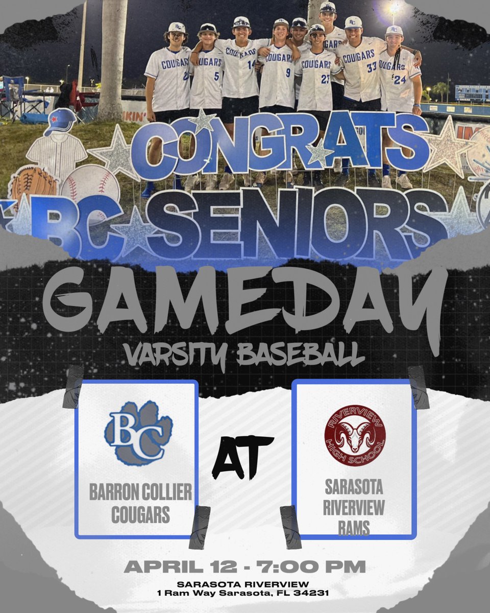 🚨Barron Collier Varsity Baseball 🆚 Sarasota Riverview Rams 🗓️ April 12 ⏰ 7:00 PM 📍 Sarasota Riverview