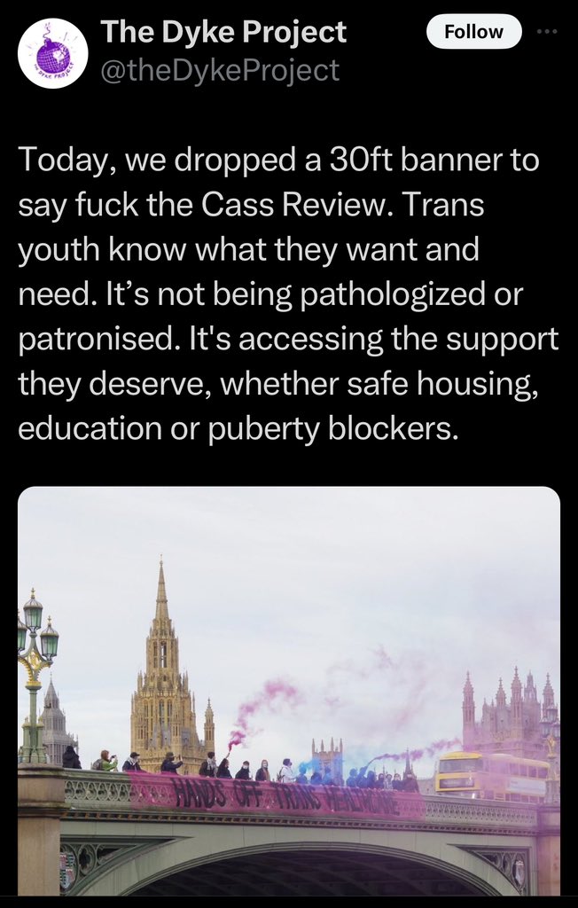 The #CassReview “After 4 years of searching I found no evidence to suggest puberty blockers are of any benefit to children presenting with confusion about their gender”. A bunch of unemployed, sweaty, skid marked, cross dressing blokes named “The Dyke Project” disagreed, in pink.