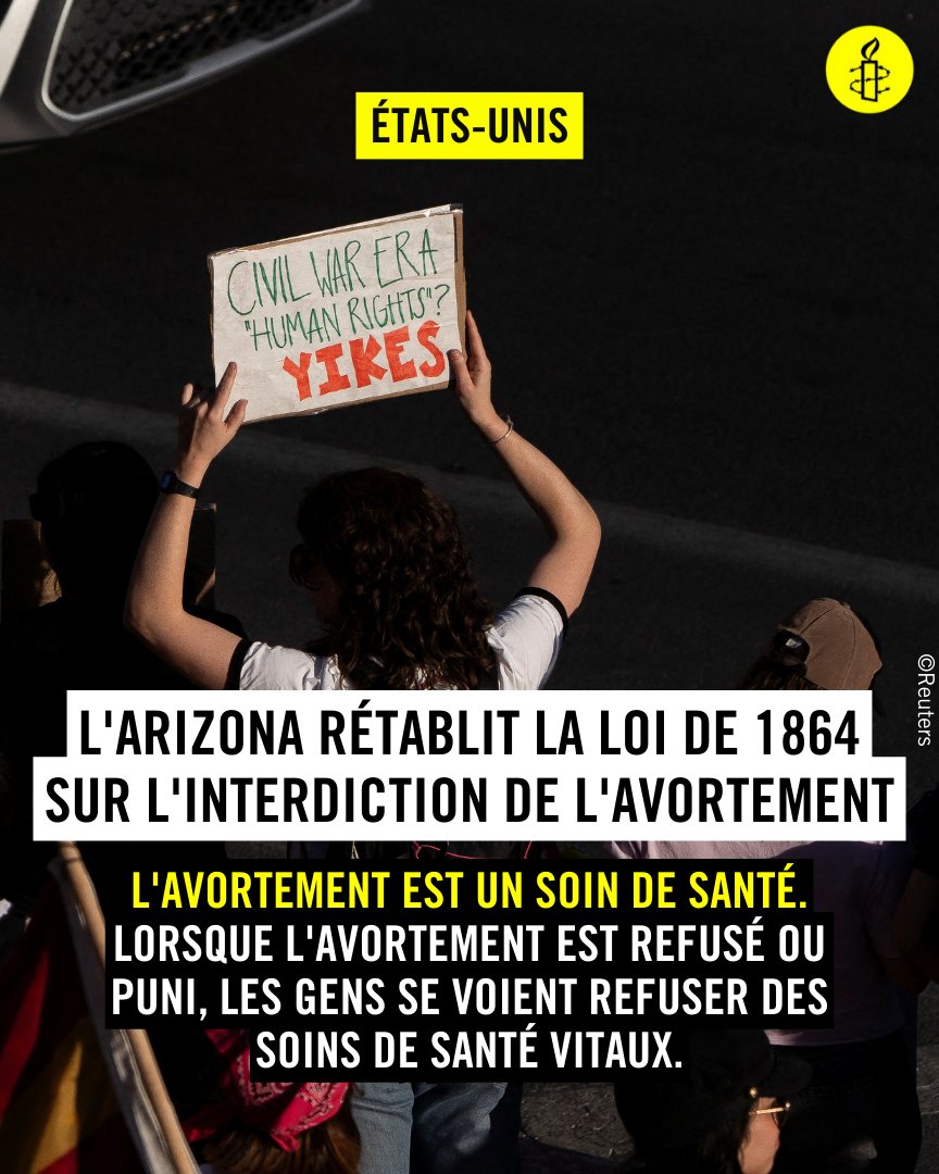 3 personnes sur 5 dans le monde sont favorables au droit à l'#avortement. Nous connaissons tou·tes un·e proche qui a eu besoin d'avorter. La décision rendue mercredi par la Cour suprême d'#Arizona est un douloureux rappel qu'il faut continuer de lutter pour ce droit fondamental.