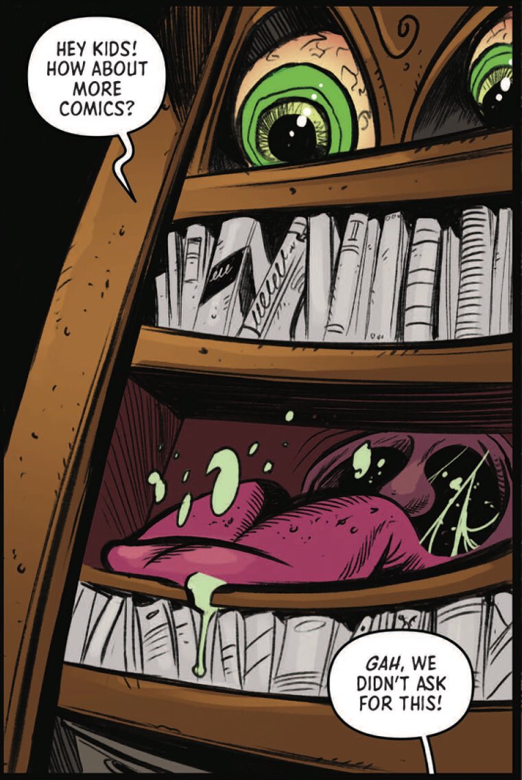 The art in our main story is so damn fun. We’ve got comics of all genres, with this big living Comics Bookcase as the audience’s guide, a direct nod to the old site, obviously. (a) @RyLeeart (c) @DougGarbark & (l) @robutoid death.comicsbookcase.com