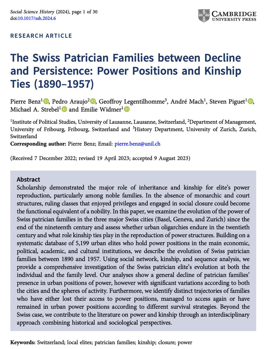 Very happy to share our new OBELIS collective paper, brilliantly led by @benz_pierre, on the decline and persistence of Swiss patrician families at positions of power between 1890 and 1957. Published in Social Science History: shorturl.at/GRSUY