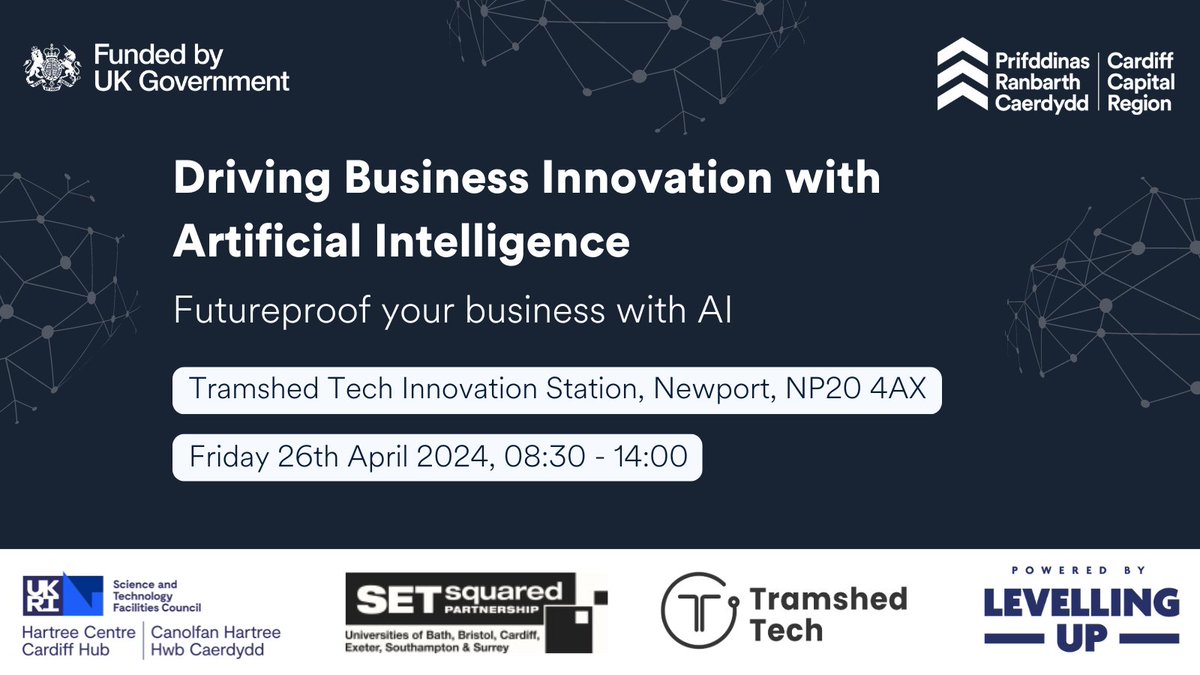 Ready to unleash the power of AI? Learn how to integrate AI into your business and drive innovation in a free event hosted by Cardiff Capital Region, @HartreeCentre, and @TramshedTech. Register today: tinyurl.com/356mhz27