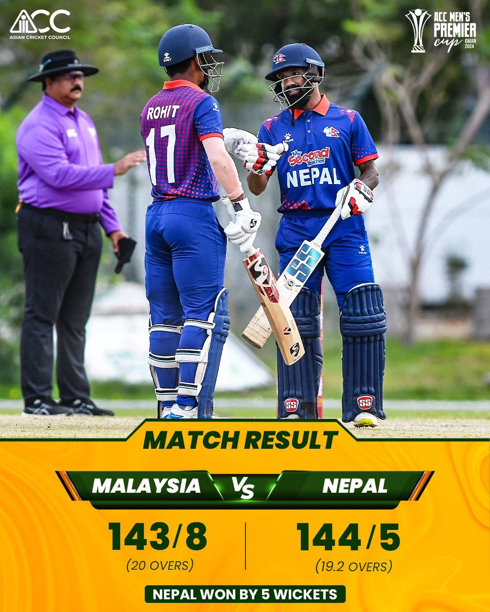 A late flourish with the bat powers Nepal to a thrilling win! 🫡

#NEPvMAL #ACCMensPremierCup #ACC