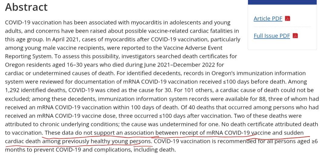 E, ancora una volta, niente da fare... 'Assessment of Risk for Sudden Cardiac Death Among Adolescents and Young Adults After Receipt of COVID-19 Vaccine — Oregon, June 2021–December 2022' cdc.gov/mmwr/volumes/7…