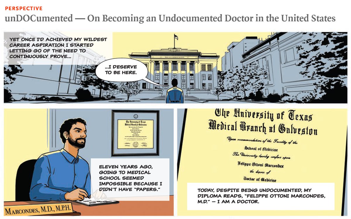 This Graphic Perspective by Dr. @FelippeMarcon & illustrated by Emily Ling follows a “Dreamer” as he pursues his dream of becoming a physician in the United States — and faces the limits of his ability to help his undocumented immigrant family. Read now: nej.md/4ah4slU