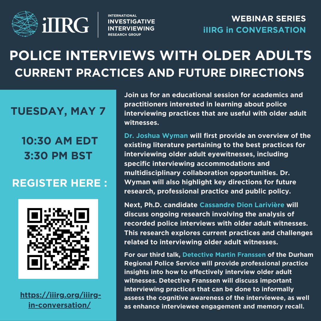 Join us on Tues. May 7 for the second free talk in the #iIIRGinConversation series. This webinar on Police Interviews with Older Adults will be a preview of our upcoming masterclass, taking place June 17-18 at Carleton University in Ottawa, Canada. iiirg.org/iiirg-in-conve…