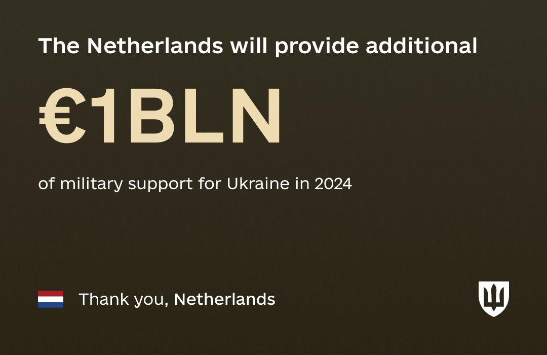 The Prime Minister of the Netherlands Mark Rutte @MinPres announced that the Netherlands will provide an additional €1 billion of military support for Ukraine this year. That is on top of the €2 billion that had already been agreed. We are grateful to our Dutch partners for…