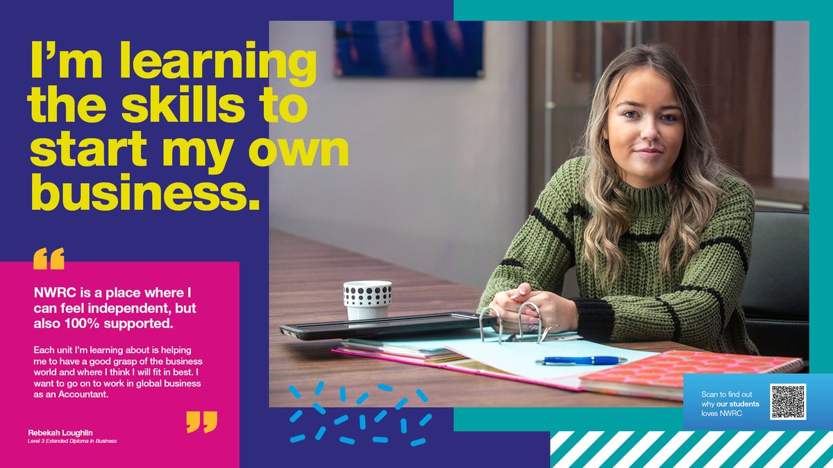 Meet Rebekah Loughlin who is studying the Level 3 Extended Diploma in Business at Strand Road campus. Rebekah previously completed her GCSEs at @LisnealCollege and now has ambitions to become an accountant! Apply for the FT L3 course in Business at 👉nwrc.ac.uk/apply