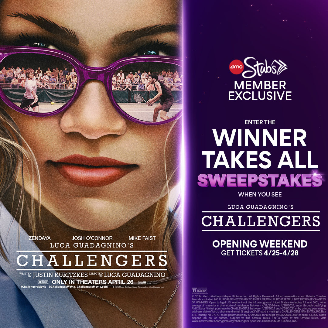 Take a swing at the Winner Takes All Sweepstakes! You and a guest could experience the 2025 BNP Paribas Open in Palm Springs, California! 🌴 Enter for a chance to win when you get 🎟 to see Challengers starring Zendaya at #AMCTheatres 4/25-4/28. amc.film/4aQXioj