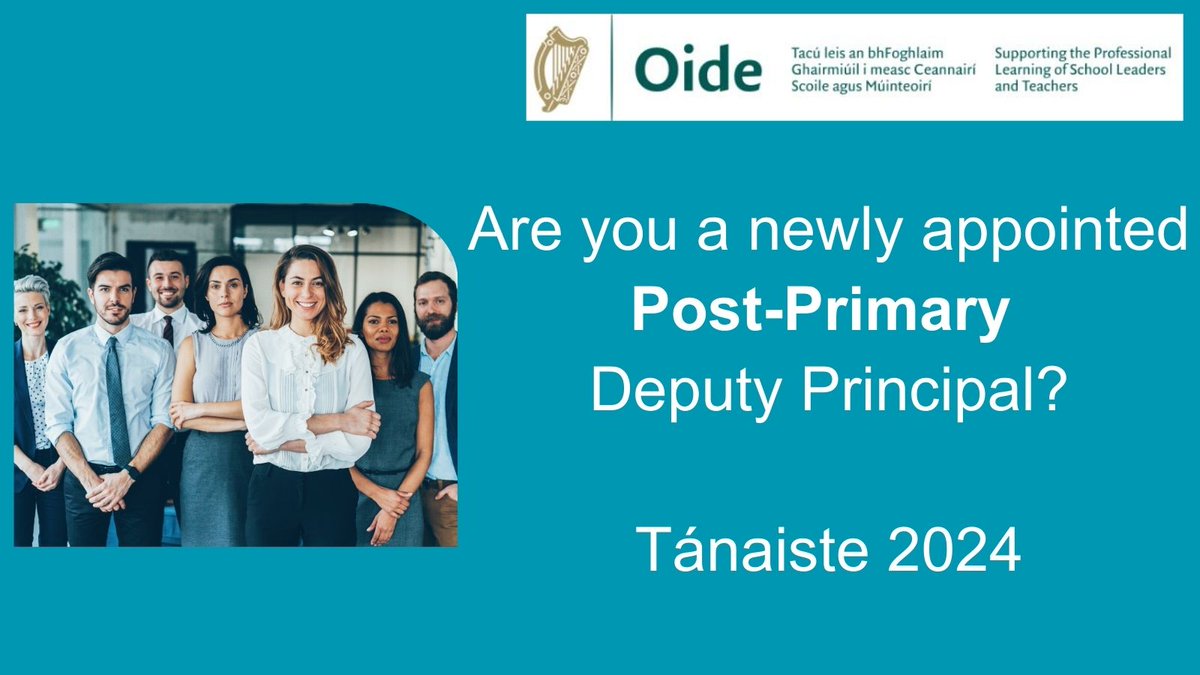 Applications are now open for the Post-Primary Tánaiste 2024 Induction programme for newly appointed Post-Primary Deputy Principals.
Apply at oide.ie/leadership/
<a href="/NAPD_IE/">NAPD</a>
<a href="/CeistTrust/">CEIST</a> 
<a href="/lecheiletrust1/">Le Chéile Schools Trust</a>