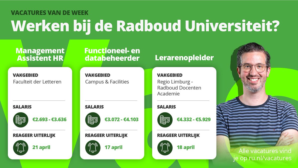 🌷Een nieuwe lente, een nieuwe #baan? Kom ook werken op onze groene, met 🌸madeliefjes bezaaide campus. Bekijk de #vacatures op ru.nl/werken-bij/vac…