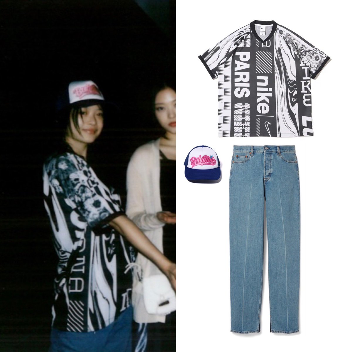 240411 Phoning Live Nike Culture of Football Dri-FIT Short-Sleeve Football Shirt ₩75,000 Bape Baby Milo Embroidery Mesh Cap $135 Gucci Denim Pant with Gucci Label $1,350 #NewJeans #뉴진스 #Hanni #하니