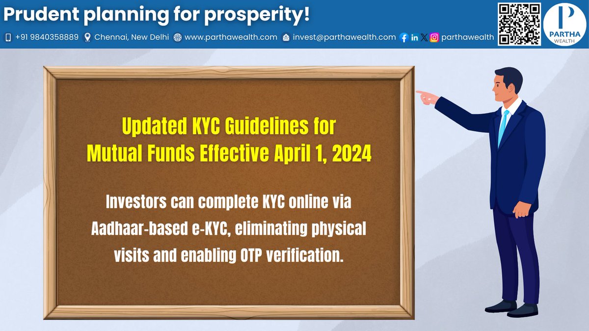 Updated KYC Guidelines for Mutual Funds Effective April 1, 2024
Investors can complete KYC online via Aadhaar-based e-KYC, eliminating physical visits and enabling OTP verification.
#parthawealth #investment #investor #mutualfunds #SIP #insurance #KYC #knowyourcustomer #SEBI