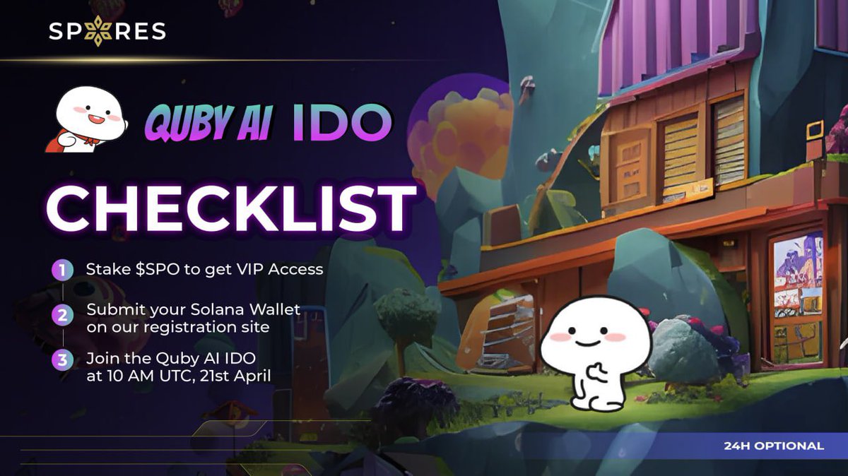 📢 @QuByAigames 𝗜𝗗𝗢 𝗖𝗛𝗘𝗖𝗞𝗟𝗜𝗦𝗧 Get ready to snag your spot in Quby AI IDO action with this plan! ✨ ✔️ Stake $SPO to get VIP Access ✔️ Submit your Solana Wallet on our registration site ✔️ Join the Quby AI IDO at 10 AM UTC, April 21 ✨ Count how many steps you've…