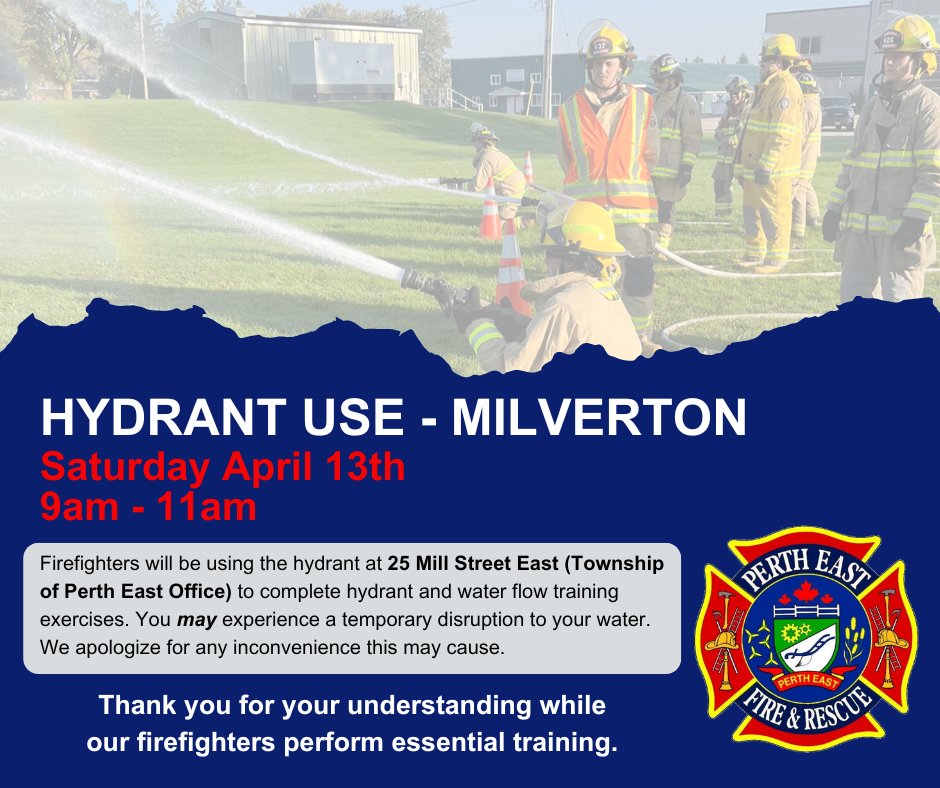 Milverton Residents! Saturday from 9am to 11am our recruit firefighters will be conducting training using our hydrants.👨‍🚒👩‍🚒 Water may become discoloured. Just as if we were flushing the watermains, please run a cold water tap for several minutes until water starts to run clear!🚰