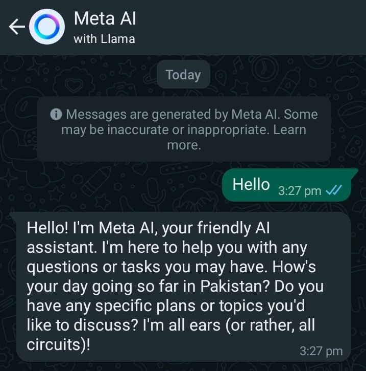 Now you can use Meta Ai on your WhatsApp and ask anything or generate images with prompt. Just update your WhatsApp it still not available in your mobile.