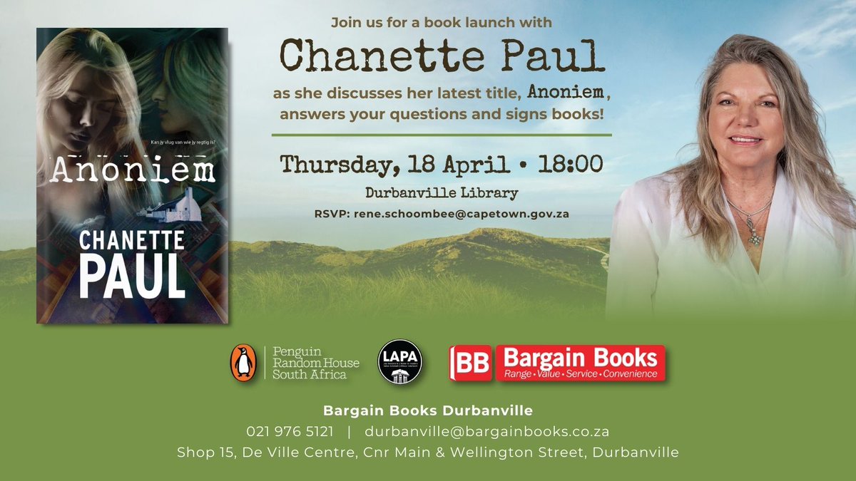 Join us for Chanette Paul's 50th Book Launch! Can you run away from who you really are?A new life, a new town, a new name. Anoniem by Chanette Paul: R350 Link to Event: fb.me/e/22GM4uZEZ @Chanettie @LAPAUitgewers @PenguinBooksSA