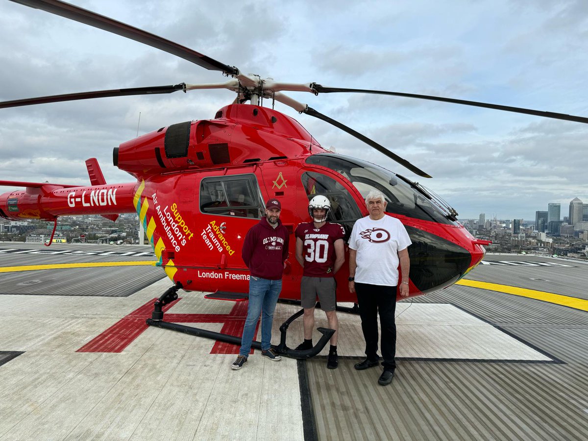 The @LondonOlympians charity for 2024 is the London Air Ambulance @LDNairamb. They're raising money to replace their helicopters. We'll be running collections at our home games. An honour to meet some of their team on the helipad yesterday. #americanfootball #londonairambulance