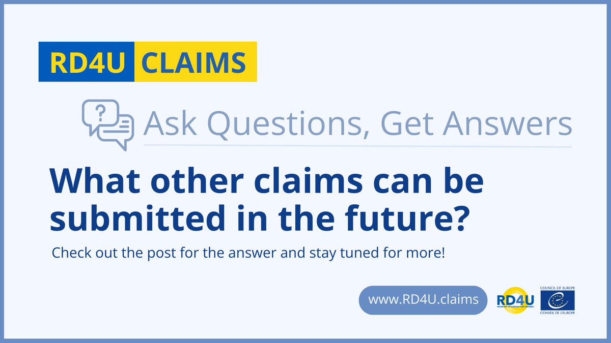 🔵🟡 What other #claims can be submitted in the future? ⌛ #RD4U plans to open for all categories of claims within a year, and many within a few months, including loss of life and injury, torture and sexual violence, deportation and displacement. 🔎 bit.ly/RD4UFutureClai…