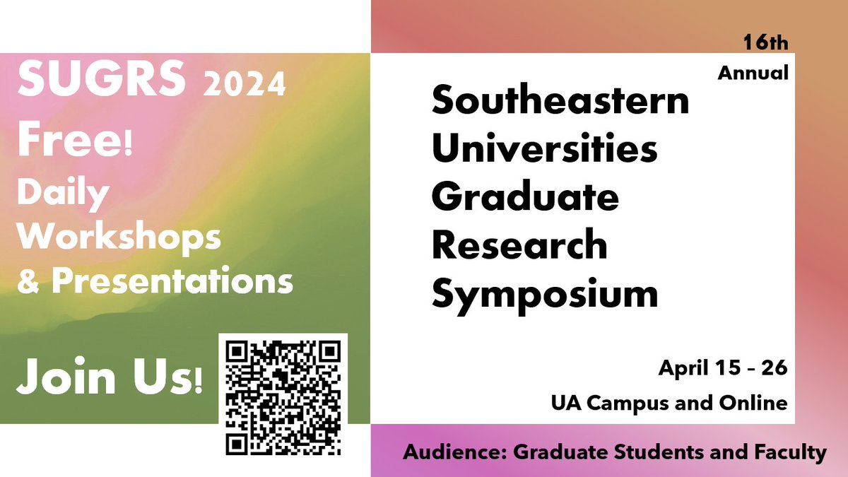 🌟 The official agenda for SUGRS 2024 is now available 🌟 Scan the QR code below or visit Box at alabama.app.box.com/s/kb0b33b9j4a2… to view the detailed schedule. This year's symposium events will kick off April 15!