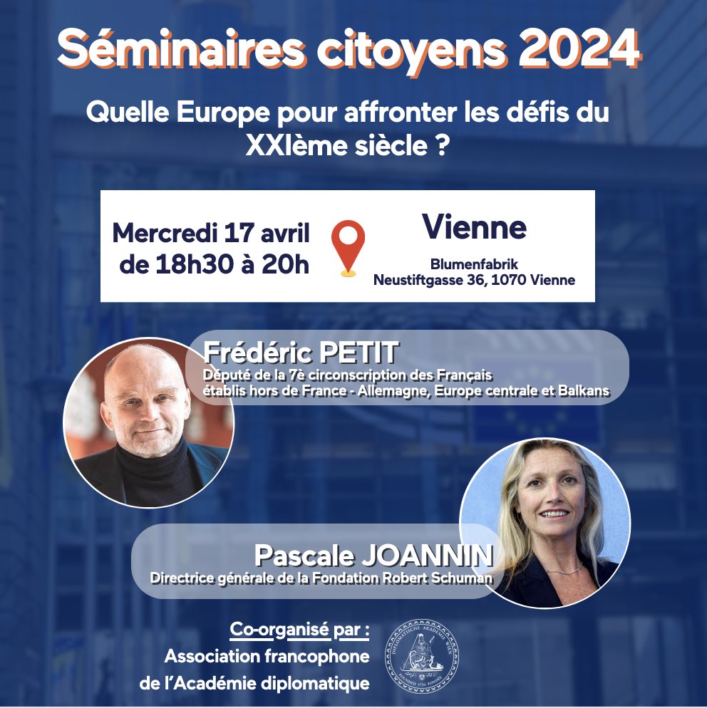 Après deux séminaires citoyens sur l’Europe 🇪🇺, un en ligne avec Jean-Dominique Giuliani et un à Cologne 🇩🇪hier soir avec DFM Alumnis, qui ont réuni plus d’une centaine de participants, je vous donne rendez-vous mercredi soir à Vienne ! 🇦🇹 Pour vous inscrire 👉…