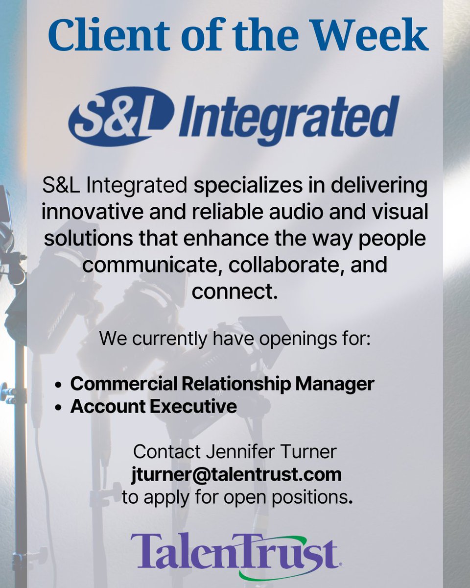 Our Client of the Week is @slintegrated! They provide integrated audio, video, lighting, and control systems for every aspect of your life. 

#AVTech #Lighting #ProLighting #NowHiring #Jobs #GAJobs #GeorgiaJobs #JobSearch #Hiring #AVJobs #JobSearch #JobHunt #Recruitment