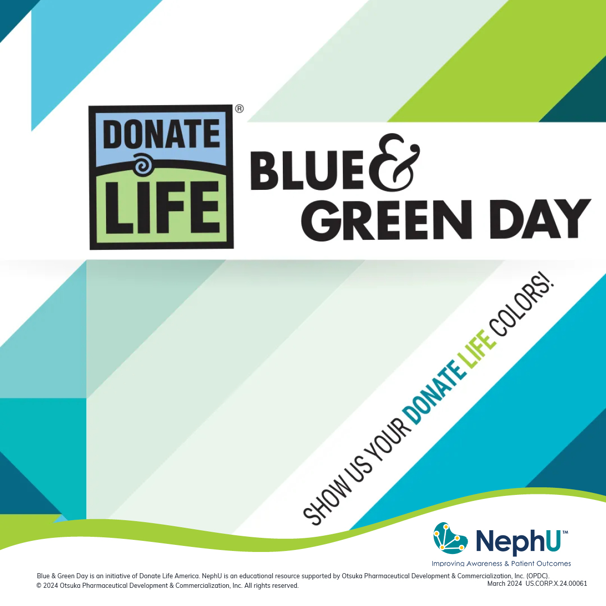 Celebrate National Donate Life Blue & Green Day by donning blue and green to support Donate Life America’s mission. This special day raises awareness about the life-saving importance of donation. go.nephu.org/LzZD #BlueGreenDay #DonateLife #LivingDonor #NephU