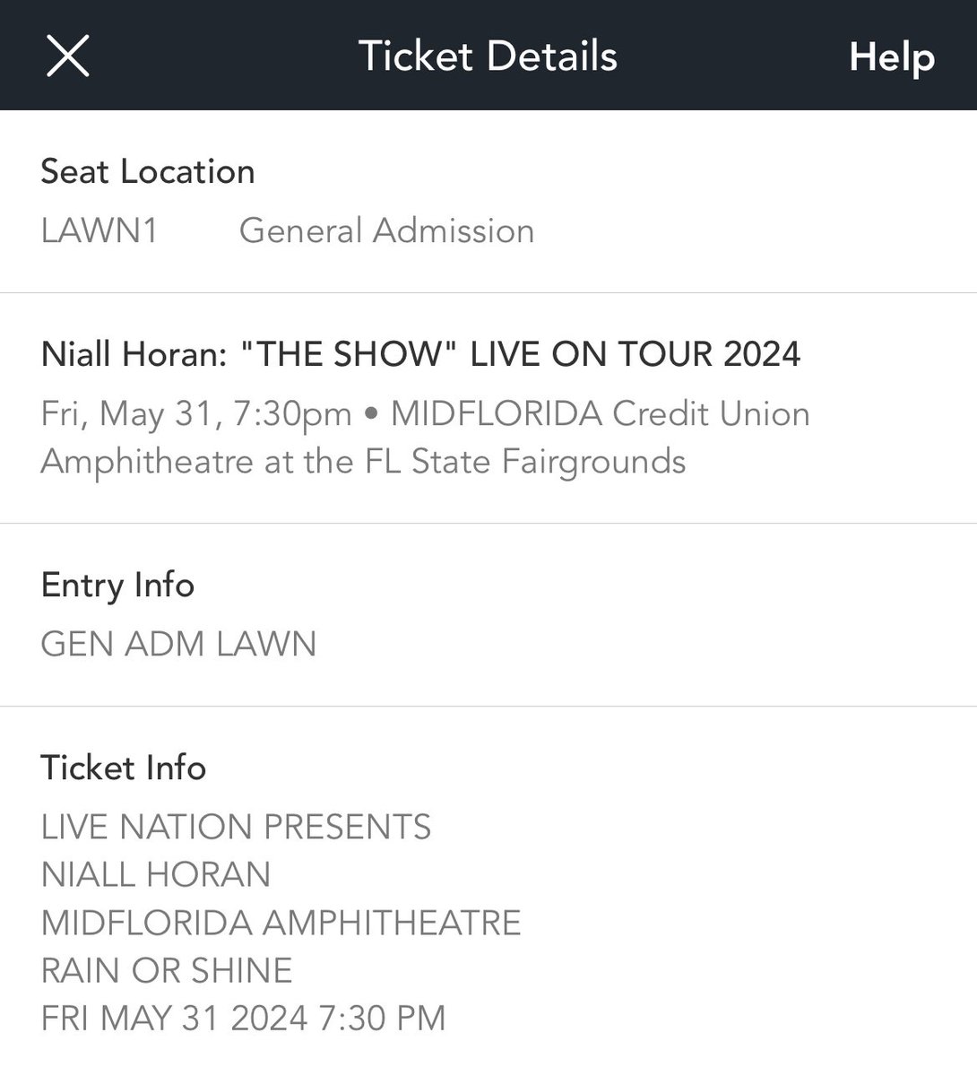 8 Niall Horan Lawn seats for May 31 at Mid Florida Amphitheater for sale! #THESHOW #niallhoran #TheShowLiveOnTour