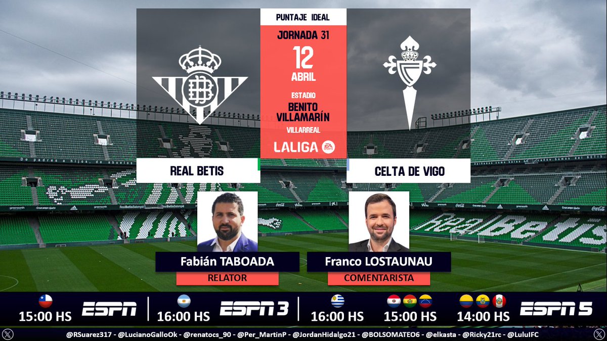 ⚽ #LaLiga 🇪🇸 | #RealBetis vs. #Celta 
🎙 Relator: @FabiTaboadaok 
🎙 Comentarista: @FrancoLostaunau 
📺 #ESPN Chile 🇨🇱
📺 #ESPN3 Argentina 🇦🇷
📺 #ESPN5 Sudamérica (❌🇨🇱) 
💻📱@StarPlusLA
🤳 #LaLigaxESPN - #ESPNenStarPlus - #RealBetisCelta     
Dale RT 🔃