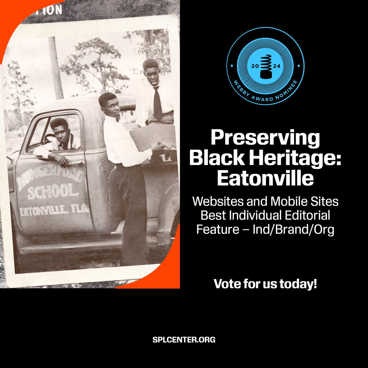 🌟 We’re thrilled to announce that the SPLC has been nominated for @TheWebbyAwards! Our incredible story, Preserving Black Heritage: Eatonville, is up for a People’s Voice Award. 🗳️ Cast your vote by April 18: wbby.co/40293N #Webbys