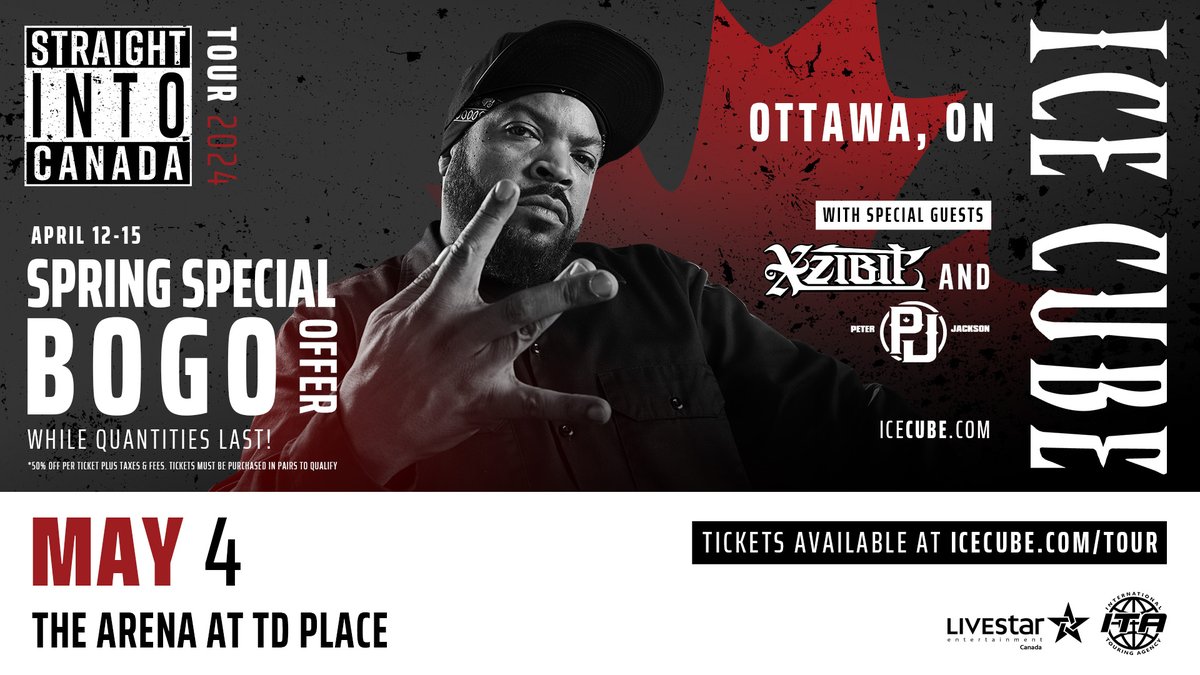 SPRING INTO SAVINGS 🌷 BUY ONE, GET ONE 50% off to see Ice Cube’s Straight Into Canada Tour at The Arena at TD Place on Saturday, May 4! HURRY, while quantities last! This offer ends April 15 at 10PM. CODE: ICEBOGO 🎟️: bit.ly/3SMUTnh