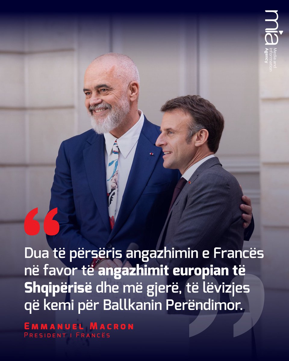 Presidenti francez @EmmanuelMacron rikonfirmoi në Paris mbështetjen për perspektivën europiane të Shqipërisë, duke vlerësuar reformat dhe kapacitetet për integrimin e vendit tonë në BE 🇦🇱🤝🏼🇫🇷