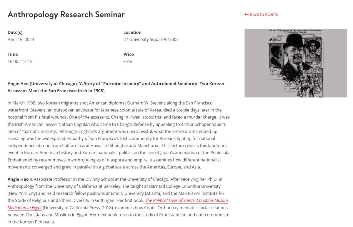 The Koreans, the Irish in American, and the Japanese. This looks fascinating -next week in Queen's, folks!

'Angie Heo (University of Chicago), ‘A Story of “Patriotic Insanity” and Anticolonial Solidarity: Two Korean Assassins Meet the San Francisco Irish in 1908’.'