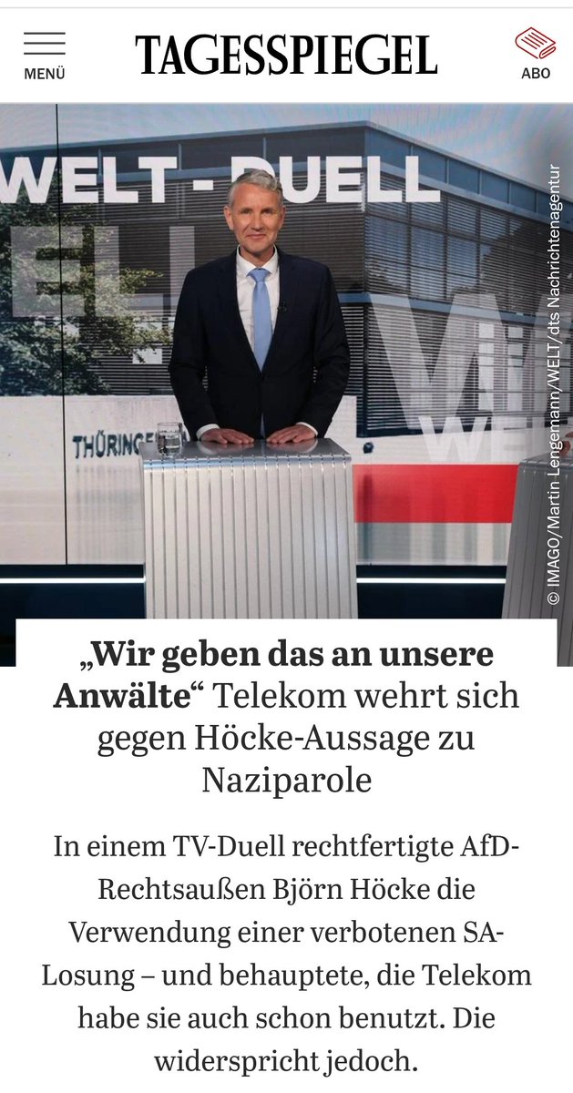 #Höcke: 'Die Telekom hat früher mit dem Slogan 'Alles für Deutschland' geworben.' @deutschetelekom: „Die Behauptung ist falsch. Wir geben das an unsere Anwälte.“ #AnzeigeIstRaus #Rechtkonmt tagesspiegel.de/politik/wir-ge…