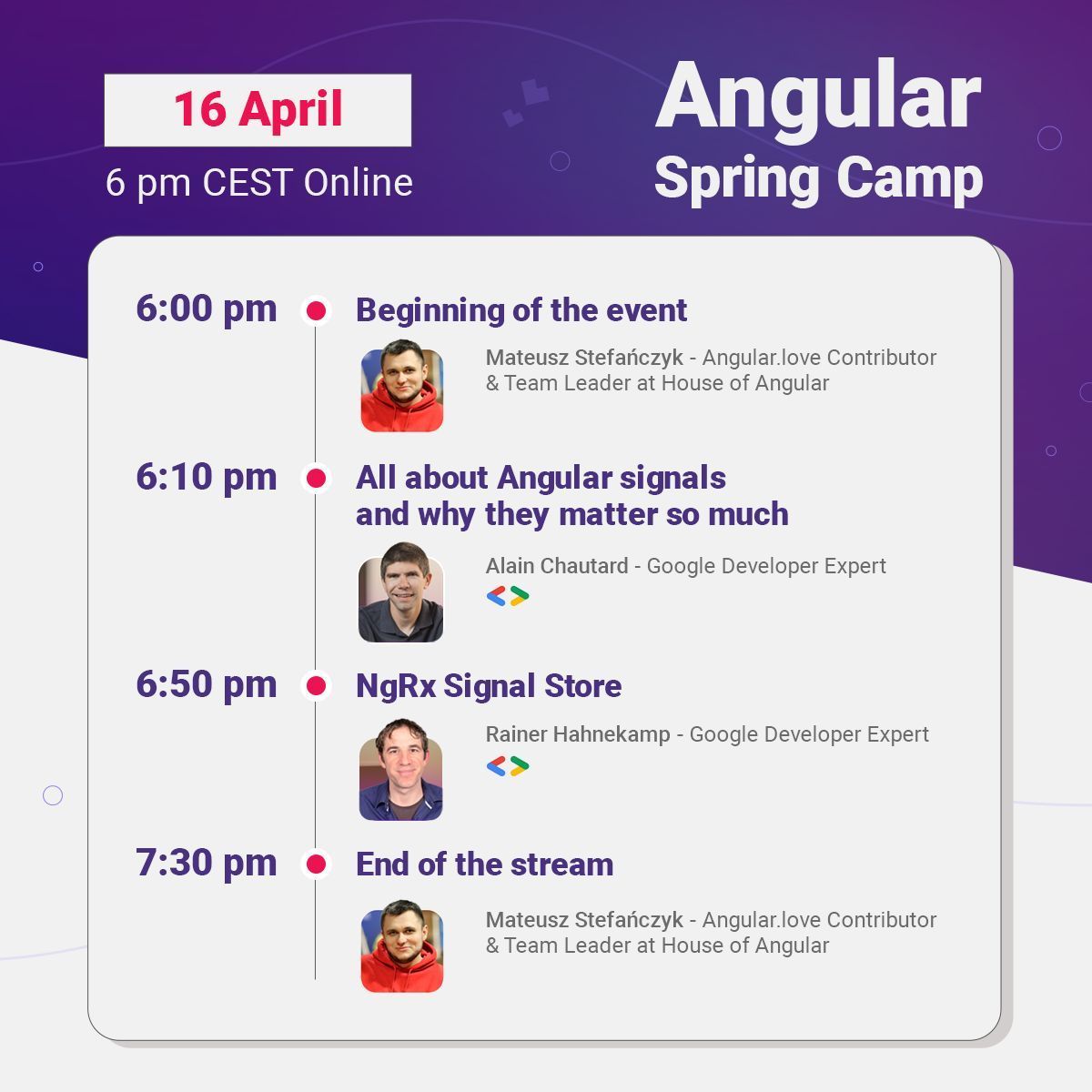 🌟 Don't miss our first meetup from the #Angular Spring Camp series! 📅 Tuesday, April 16, at 6 pm CEST 📍 Online on our YouTube channel 🔗 Register here: buff.ly/4azAtWG What will you learn at the meeting? Check out the event agenda ⬇️