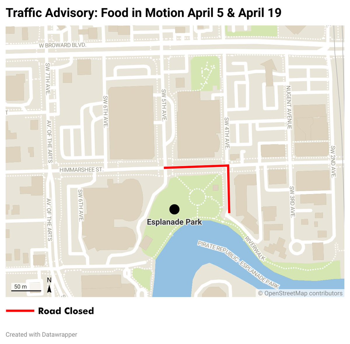 🚗❗Traffic Advisory - Food in Motion will take place in Esplanade Park (400 SW 2nd Street) on April 19 from 6 to 11 p.m. Expect traffic congestion and plan travel times accordingly. For more information, please visit fortlauderdale.gov/Home/Component…. @ftlcitynews