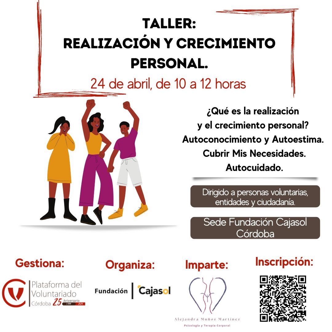 Taller de Realización y Crecimiento Personal con @VoluntariadoCdb Excelente oportunidad para aprender, crecer y descubrir cómo puedes ayudar en tu comunidad. 📅 Miércoles 24 de abril, de 10 a 12h 📌 Fundación Cajasol Córdoba 📝 Inscripción gratuita: buff.ly/48bNsMg