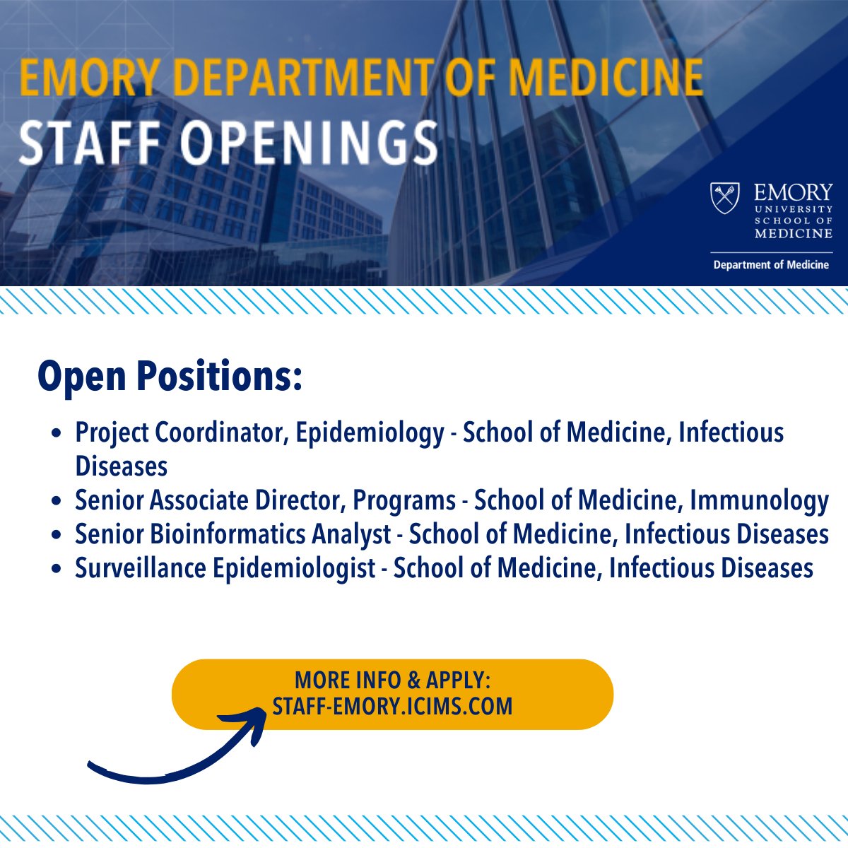 🔔JOB ALERT! Emory Department of Medicine is hiring. Check out the latest staff openings with our #infectiousdiseases and #rheumatology & #immunology teams! Learn more and apply 👉linktr.ee/emorydeptofmed