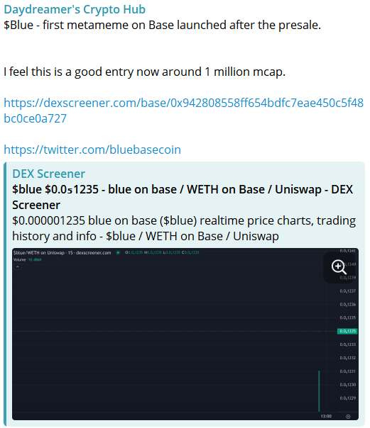 DaysCryptoHub's tweet image. Gave a shoutout to $Blue @bluebasecoin on my telegram channel at 1 million mcap and we are about 50% up already.

Hearing lot of good things about this one. Holding strong!