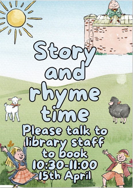 Crosby Library are going to host a story and rhyme time on Monday 15th April 10.30am -11am. Please book a place via 01512576400 or Crosby.library@sefton.gov.uk.