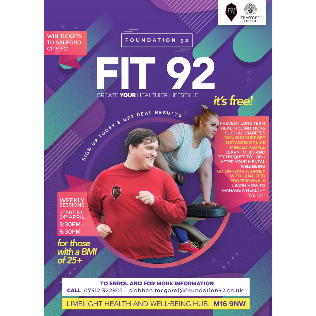 Fit 92 programme This is a Health and Lifestyle Programme to help people loose weight and create healthy habits. It is a 12 week programme and will take place at Limelight Health and Wellbeing Centre on Wednesday's starting from the 24th April 5.30-6.30pm.
