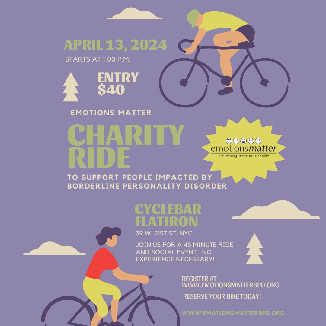 Tomorrow is the day! Join us at our first Cyclebar fundraiser on Saturday, April 13th at @cyclebarflatiron! Meet others in our BPD community and raise funds for our peer support groups. Reserve your bike today: secure.qgiv.com/for/bxmivd/eve… #EmotionsMatter #BPD #charityride #cyclebar