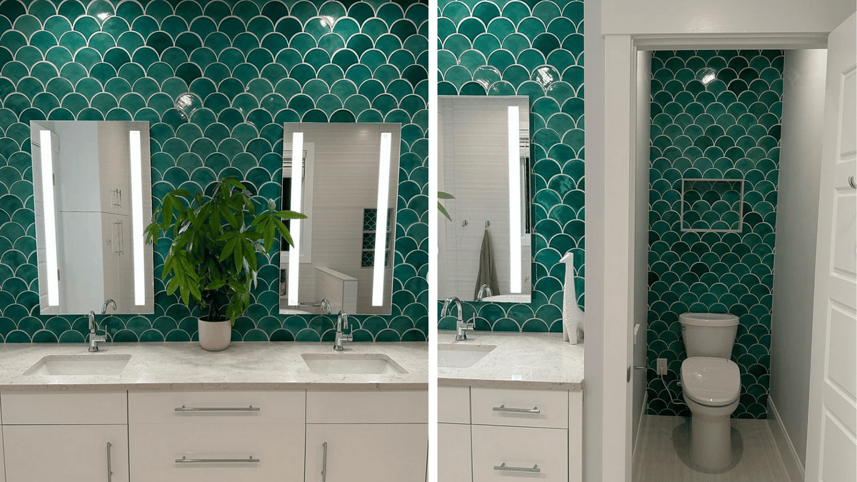KettlerDesign's tweet photo. Wildly fun and fancy. Love your bathroom! Featuring Touchstone Fine Cabinetry 🌀 @marbleandstoneshop countertops 🌀 @mercurymosaics green tile 🌀 Harkey Tile &amp; Stone white tile #loveyourbathroom #karenkettlerdesign https://t.co/sOafXUrK4p