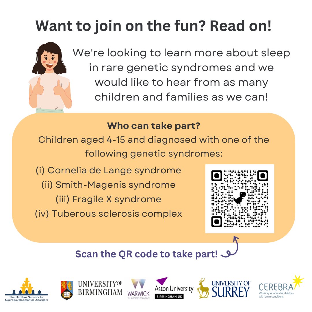 Take part in the Cerebra Sleep Project and join our goal to learn more about sleep in rare genetic syndromes! 💤

Please follow this link for more information: redcap.link/s9rjgkyn