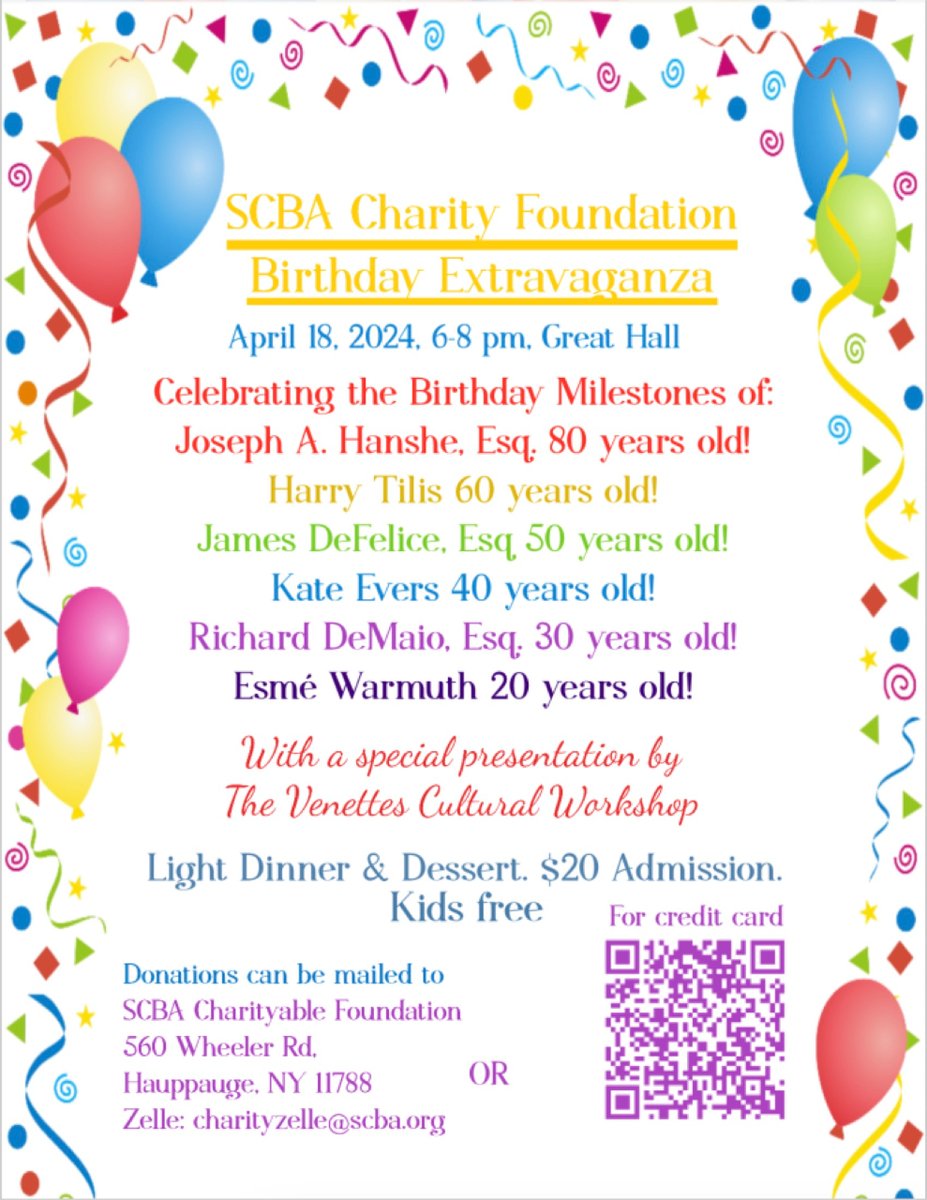 You’re invited to a birthday extravaganza supporting the SCBA Charity Foundation 🎂 Join us on Thursday, April 18, 2024, at 6:00 p.m. at Suffolk County Bar Association. Pre-register today: shar.es/agqiGp #longisland