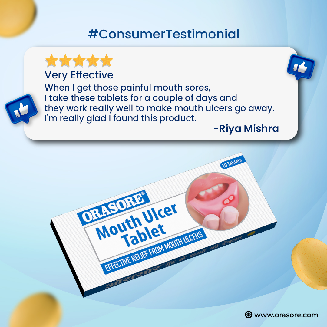 Riya Mishra is really happy using our product Orasore Mouth Ulcer Tablet and gets effective relief from Mouth Ulcers.

#Orasore #OrasoreMouthUlcerTablet #OrasoreTablet #MouthUlcerRelief #MouthUlcers #MouthSores #MuhKeChaale #Ulcers #gums #mouthulcertablet