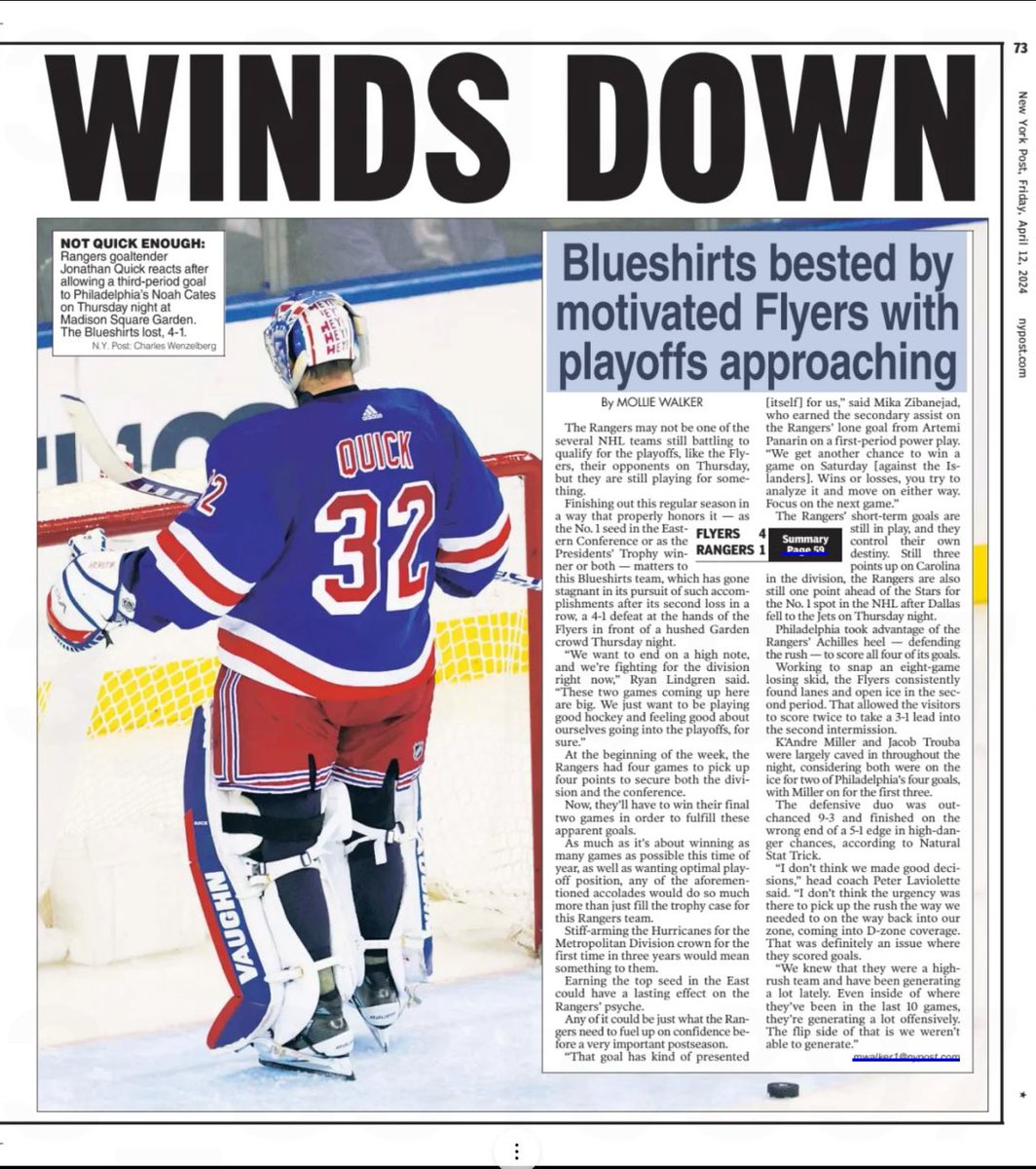 #NYR spread in today’s @nypost ahead of practice⬇️ Rangers stalling in President’s Trophy race➡️ bit.ly/43TALFh Power play can’t offset lack of 5v5 scoring➡️ bit.ly/3JhwfqA Brooks: Straining Rangers jeopardizing ideal playoff scenario➡️ bit.ly/3PYHkR4