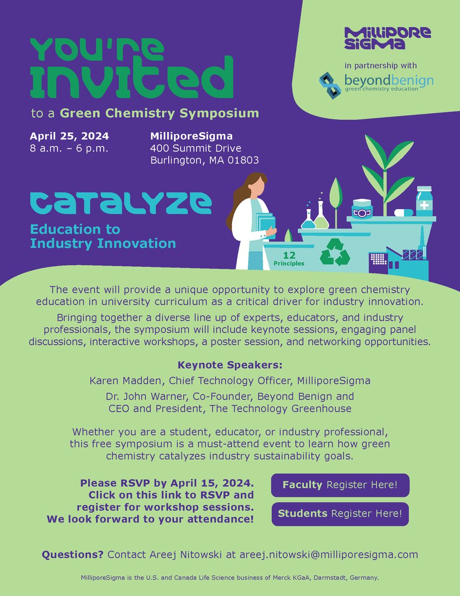 Last chance to register for a New England region event that we are hosting with our partner MilliporeSigma! Interested in #GreenChemistry? Come and join us! @beyondbenign Register here: Faculty: lnkd.in/estnCVVw Students: lnkd.in/eGSAYTh2